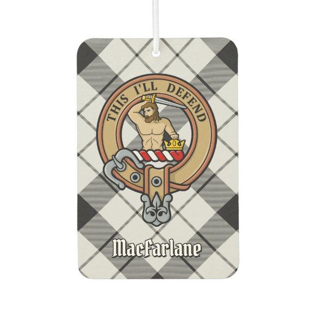 Clan MacFarlane Crest over Black and White Tartan Air Freshener (Front)