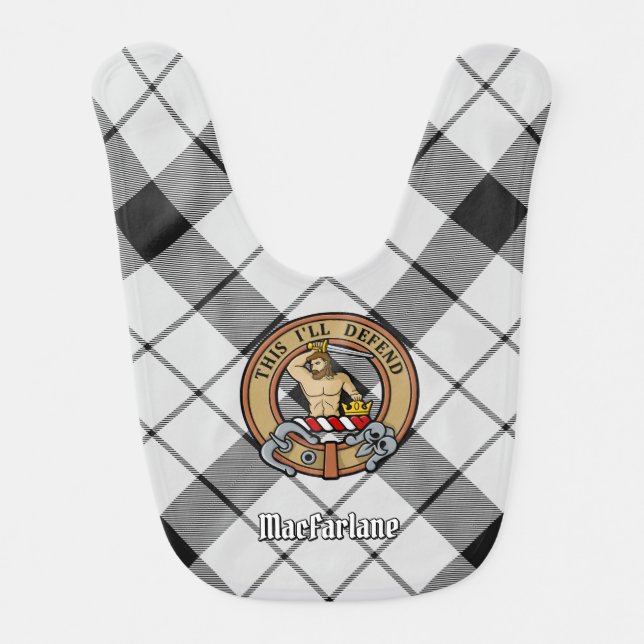 Clan MacFarlane Crest over Black and White Tartan Baby Bib (Front)