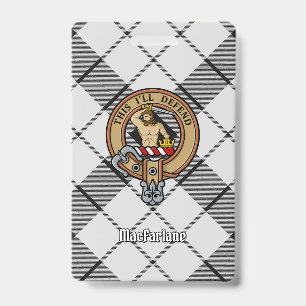 Clan MacFarlane Crest over Black and White Tartan Badge