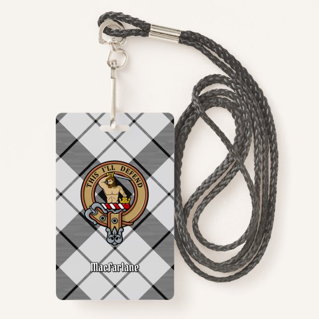 Clan MacFarlane Crest over Black and White Tartan Badge (Front with Lanyard)