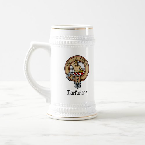 Clan MacFarlane Crest over Black and White Tartan Beer Stein