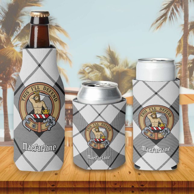 Clan MacFarlane Crest over Black and White Tartan Bottle Cooler (Creator Uploaded)