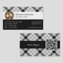 Clan MacFarlane Crest over Black and White Tartan Business Card