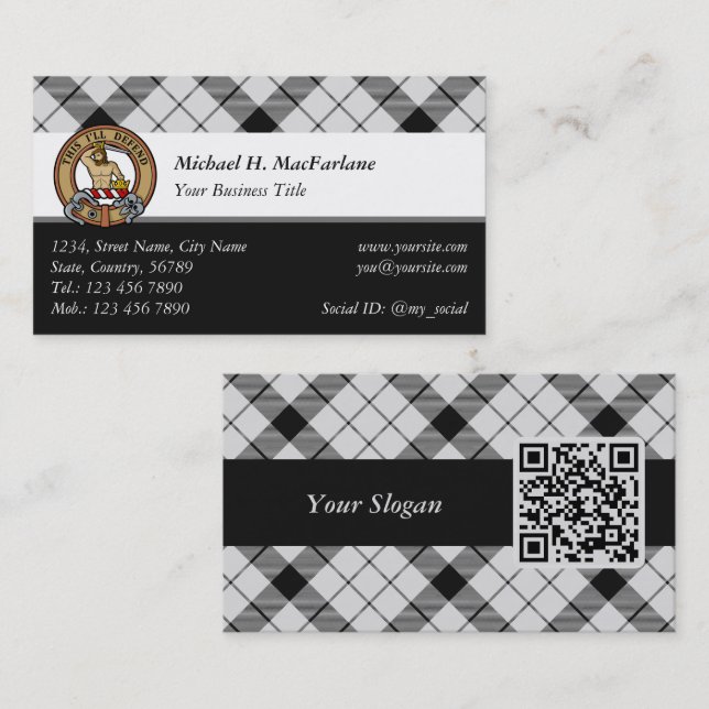 Clan MacFarlane Crest over Black and White Tartan Business Card (Front/Back)