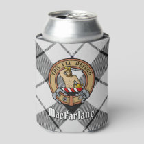 Clan MacFarlane Crest over Black and White Tartan Can Cooler