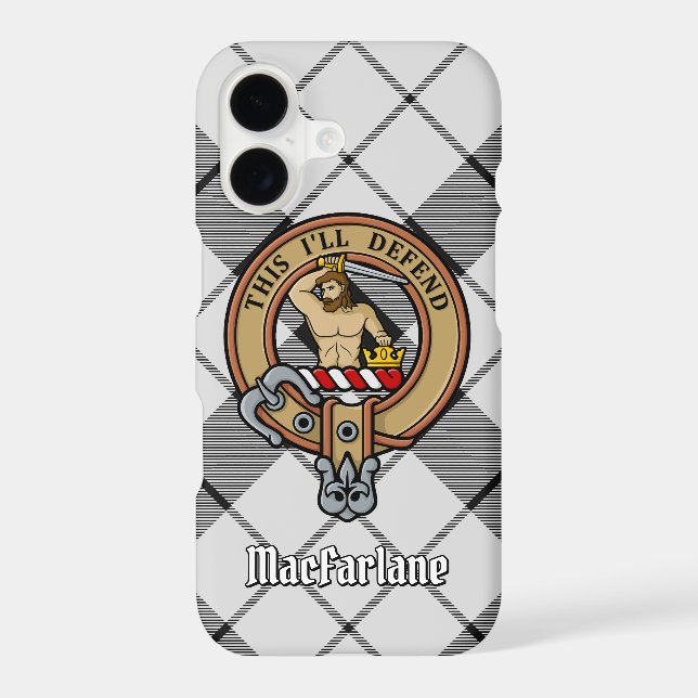 Clan MacFarlane Crest over Black and White Tartan Case-Mate iPhone Case (Back)