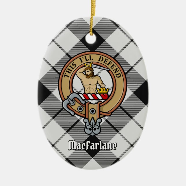 Clan MacFarlane Crest over Black and White Tartan Ceramic Ornament (Front)