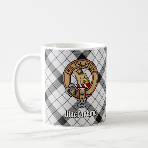 Clan MacFarlane Crest over Black and White Tartan Coffee Mug