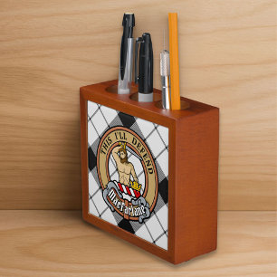 Clan MacFarlane Crest over Black and White Tartan Desk Organizer