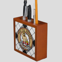 Clan MacFarlane Crest over Black and White Tartan Desk Organizer