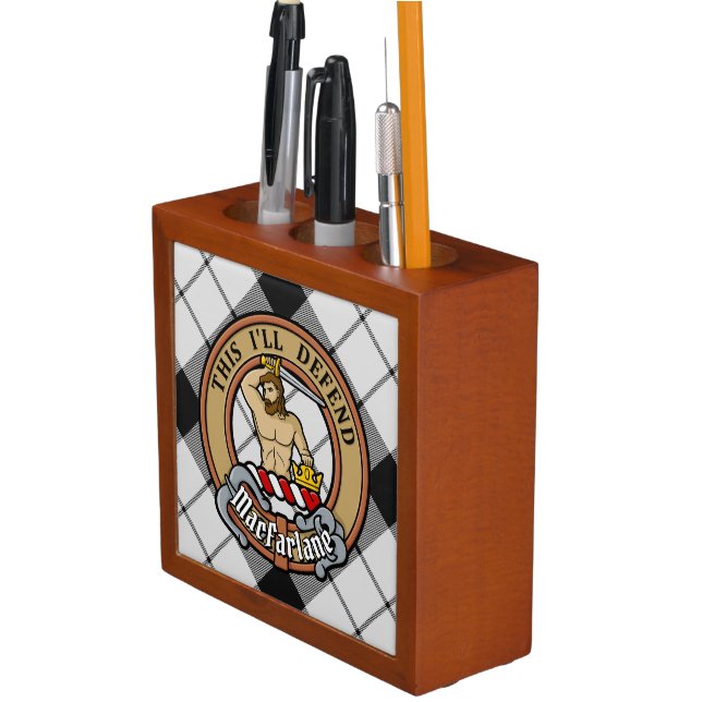 Clan MacFarlane Crest over Black and White Tartan Desk Organizer (In Situ)