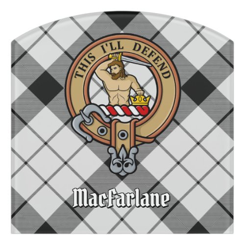 Clan MacFarlane Crest over Black and White Tartan Door Sign