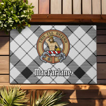 Clan MacFarlane Crest over Black and White Tartan Doormat