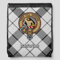 Clan MacFarlane Crest over Black and White Tartan Drawstring Bag