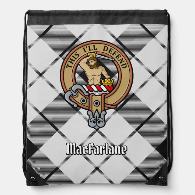 Clan MacFarlane Crest over Black and White Tartan Drawstring Bag (Front)