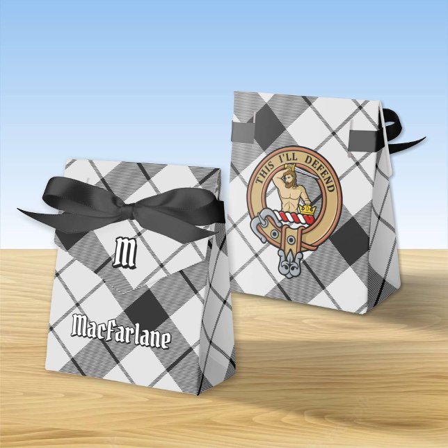 Clan MacFarlane Crest over Black and White Tartan Favor Boxes (Creator Uploaded)