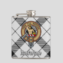 Clan MacFarlane Crest over Black and White Tartan Flask