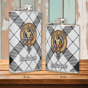 Clan MacFarlane Crest over Black and White Tartan Flask