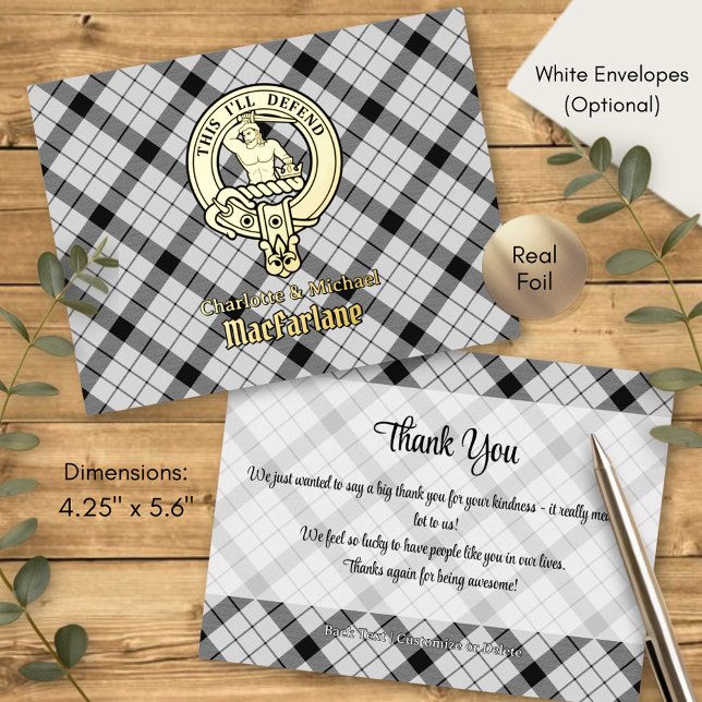 Clan MacFarlane Crest over Black and White Tartan Foil Invitation Postcard (Creator Uploaded)