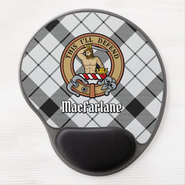 Clan MacFarlane Crest over Black and White Tartan Gel Mouse Pad (Front)