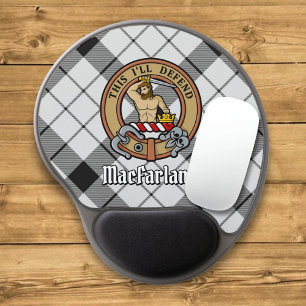 Clan MacFarlane Crest over Black and White Tartan Gel Mouse Pad
