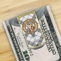 Clan MacFarlane Crest over Black and White Tartan Gold Finish Money Clip