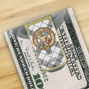 Clan MacFarlane Crest over Black and White Tartan Gold Finish Money Clip