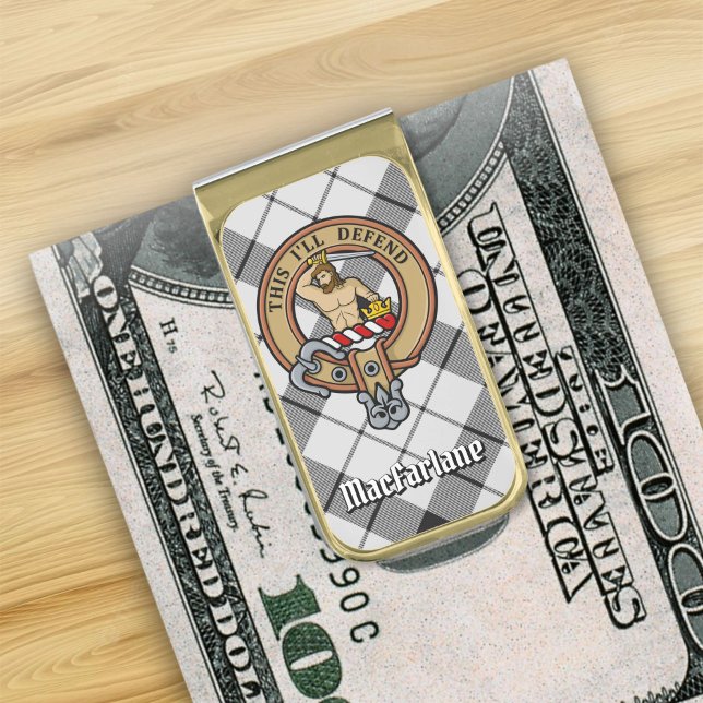 Clan MacFarlane Crest over Black and White Tartan Gold Finish Money Clip (Creator Uploaded)