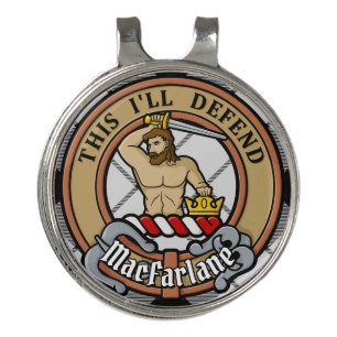 Clan MacFarlane Crest over Black and White Tartan Golf Hat Clip