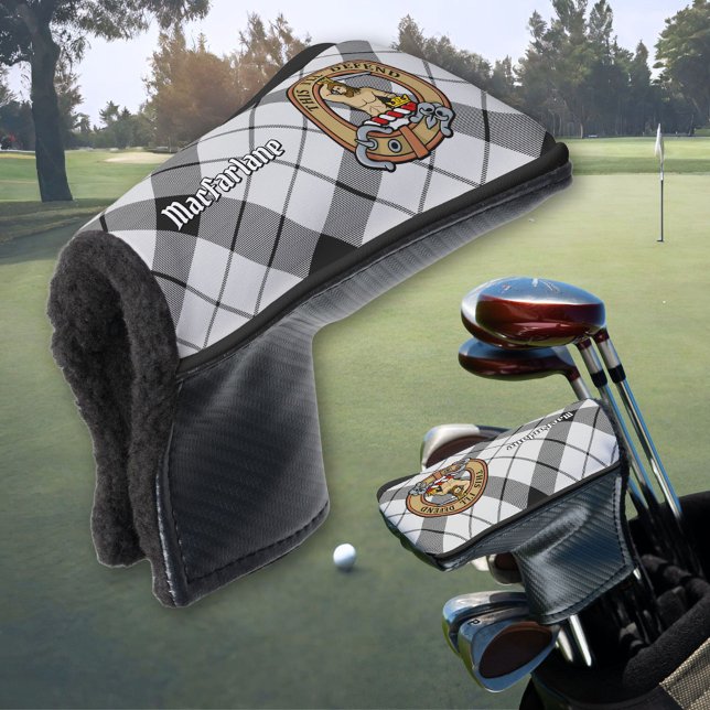 Clan MacFarlane Crest over Black and White Tartan Golf Head Cover (Creator Uploaded)