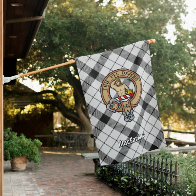 Clan MacFarlane Crest over Black and White Tartan House Flag (In SItu)