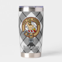Clan MacFarlane Crest over Black and White Tartan Insulated Tumbler