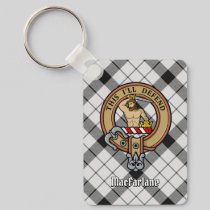 Clan MacFarlane Crest over Black and White Tartan Keychain