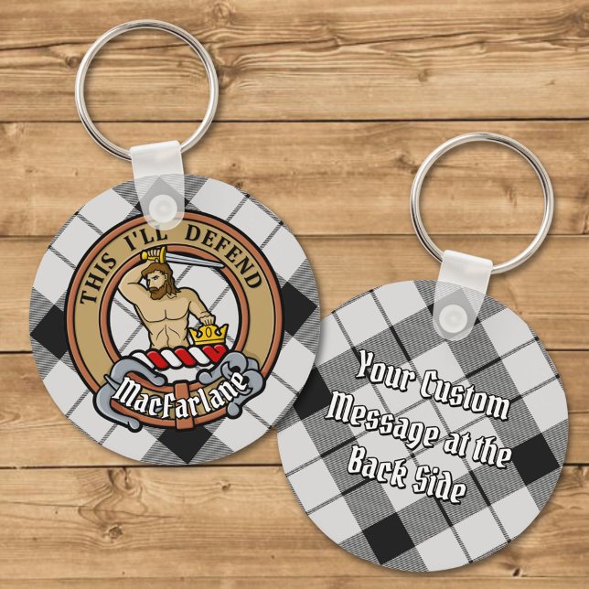 Clan MacFarlane Crest over Black and White Tartan Keychain (Creator Uploaded)