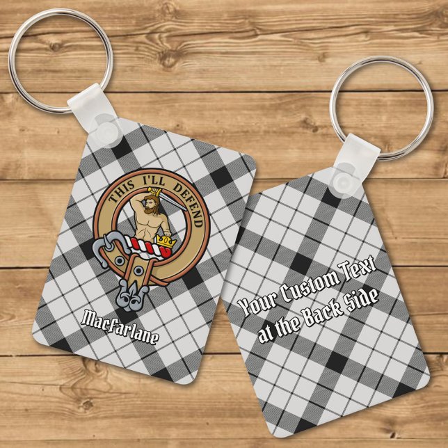 Clan MacFarlane Crest over Black and White Tartan Keychain (Creator Uploaded)