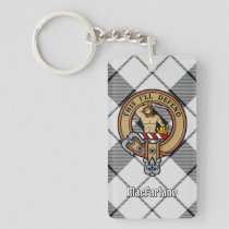 Clan MacFarlane Crest over Black and White Tartan Keychain