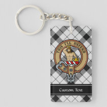 Clan MacFarlane Crest over Black and White Tartan Keychain