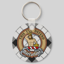 Clan MacFarlane Crest over Black and White Tartan Keychain