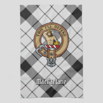 Clan MacFarlane Crest over Black and White Tartan Kitchen Towel