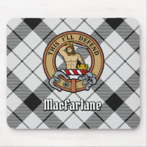 Clan MacFarlane Crest over Black and White Tartan Mouse Pad