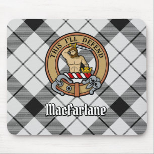 Clan MacFarlane Crest over Black and White Tartan Mouse Pad