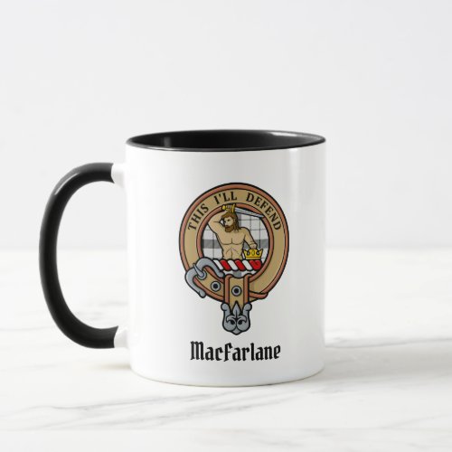 Clan MacFarlane Crest over Black and White Tartan Mug