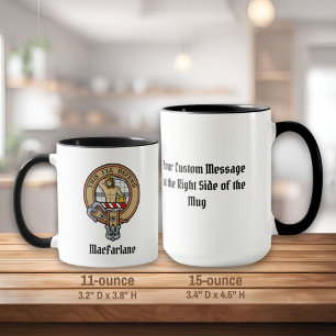 Clan MacFarlane Crest over Black and White Tartan Mug