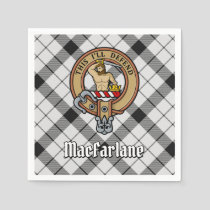 Clan MacFarlane Crest over Black and White Tartan Napkins