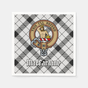 Clan MacFarlane Crest over Black and White Tartan Napkins
