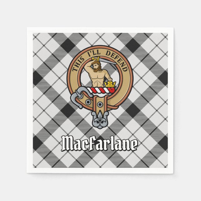 Clan MacFarlane Crest over Black and White Tartan Napkins (Front)