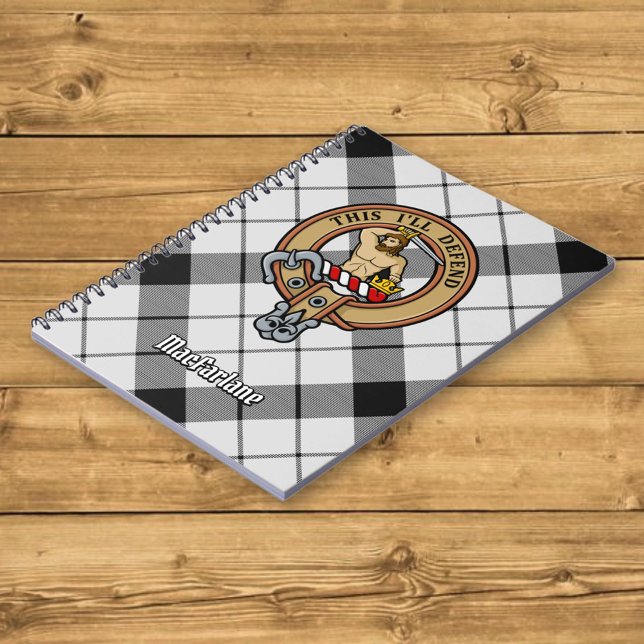 Clan MacFarlane Crest over Black and White Tartan Notebook (Creator Uploaded)
