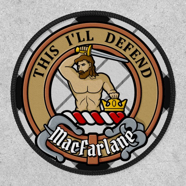 Clan MacFarlane Crest over Black and White Tartan Patch (Front)