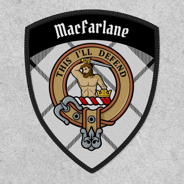 Clan MacFarlane Crest over Black and White Tartan Patch (Front)