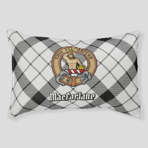 Clan MacFarlane Crest over Black and White Tartan Pet Bed